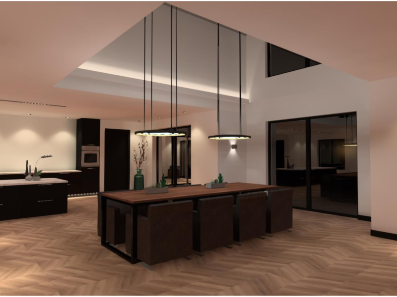 3D lichtplan voorbeeld met uitzich op de keuken vanuit woonkamer
