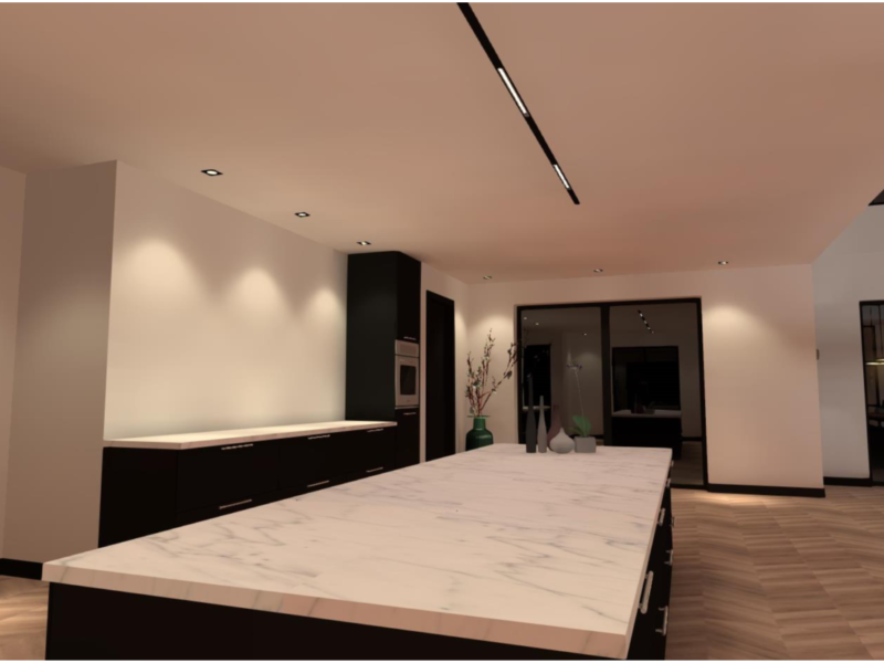 3D lichtplan voorbeeld vanuit keuken met een 48V magneet inbouwrail en trimless inbouwspots