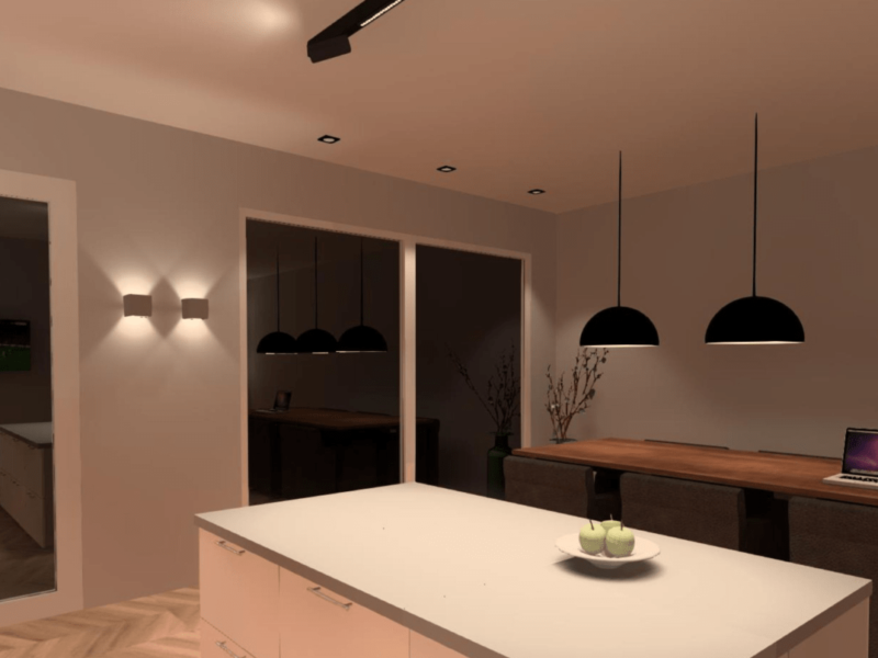 3D lichtplan voorbeeld van de keuken met wandlampen, hanglampen en trimless inbouwspots