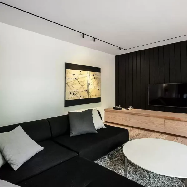 Woonkamer met zwarte bank schilderij en 48V inbouw trimless magneet rail met richtbare verlichting